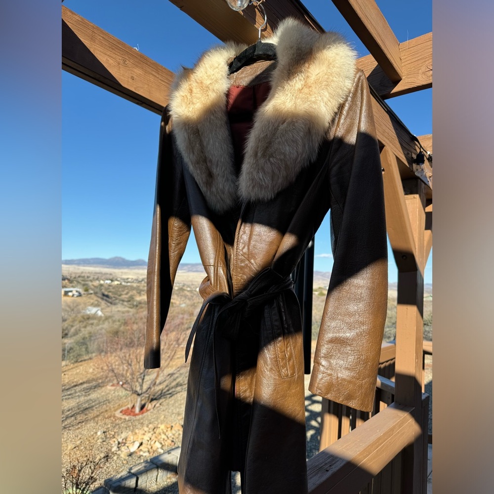 Vintage brown leather jacket with fur